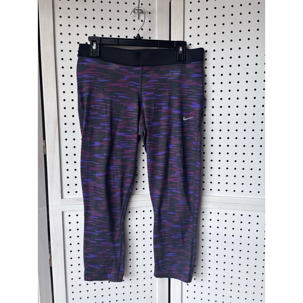 Nike‎ Dri Fit Capri Pants Women's Lg Purple Black Camo Running Stretch